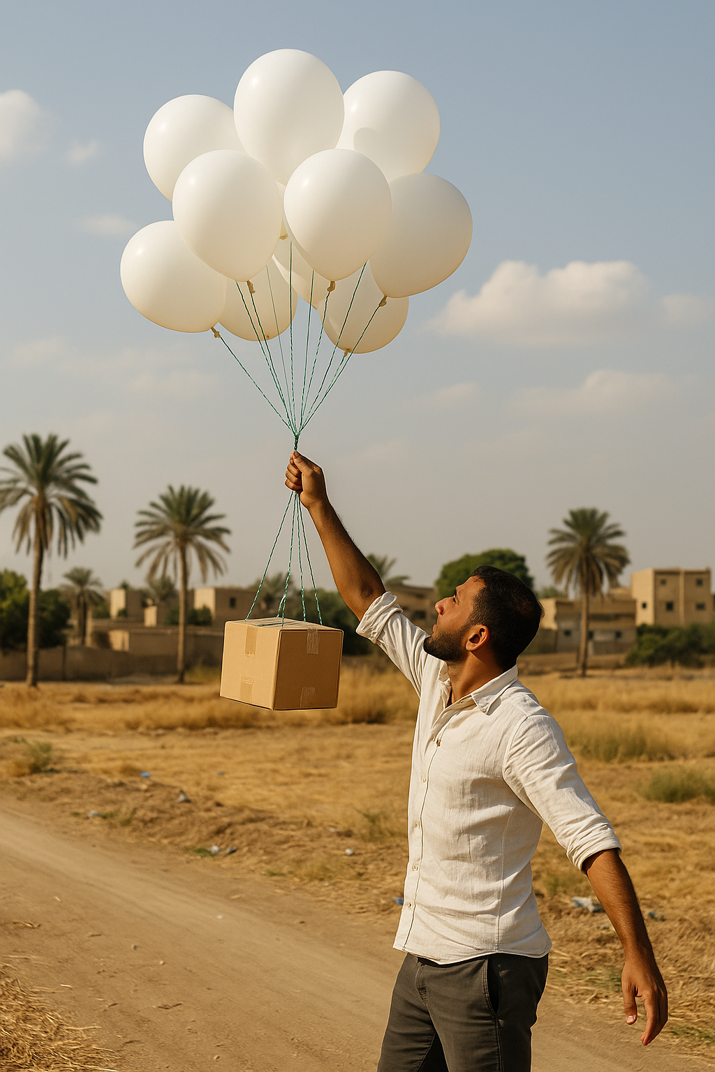 Man releasing a cluster of white helium balloons carrying a small cardboard aid package in a rural Egyptian landscape.