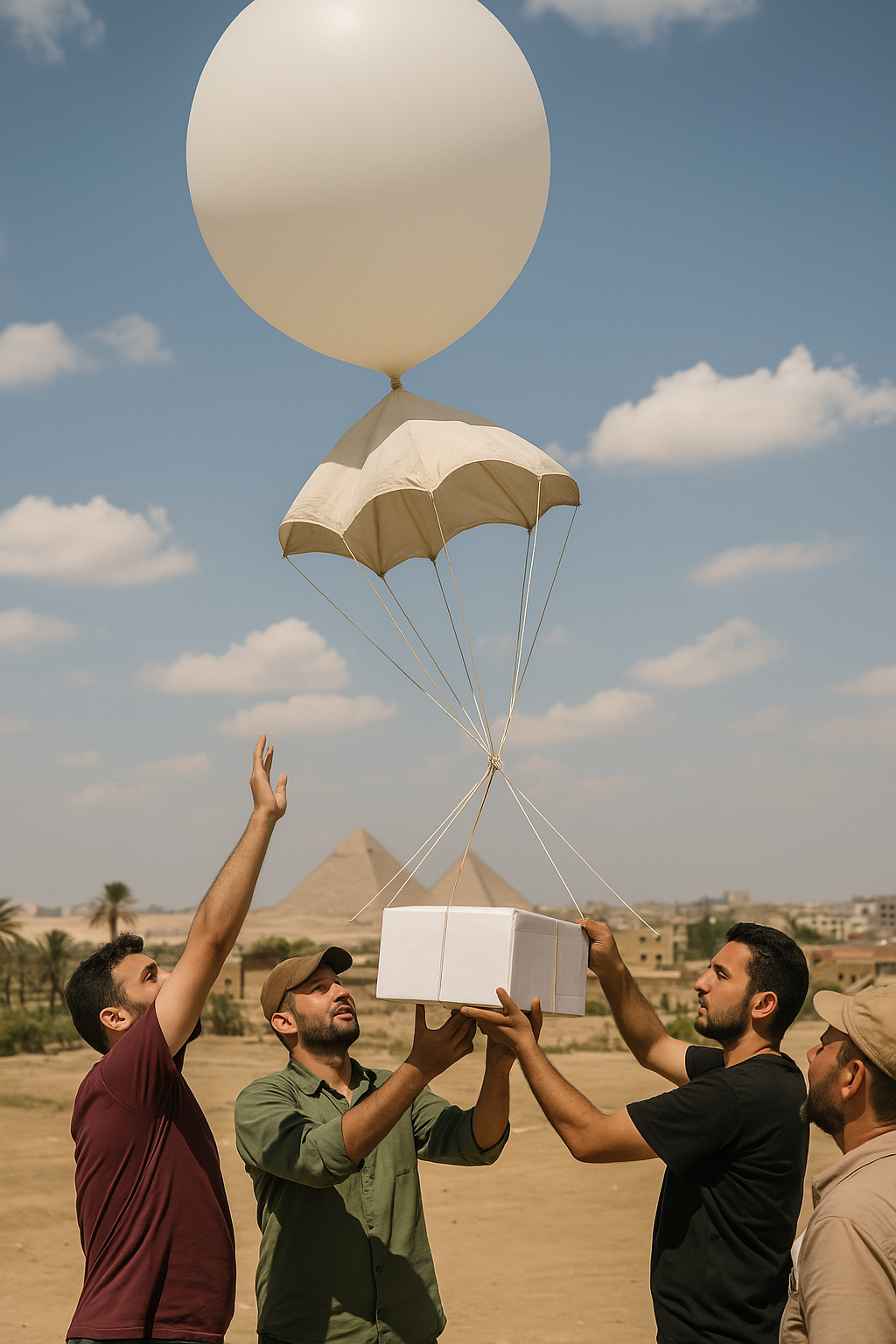 Four men in Egypt launching a large white weather balloon carrying an aid package beneath a parachute, with pyramids visible in the distance in an AI generated example image.